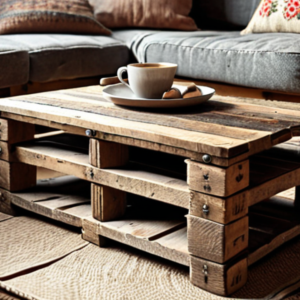 **Rustic coffee table made from reclaimed wood pallets, set in a cozy dacha interior. Focus on the textures of the aged wood and the warm, inviting atmosphere.**