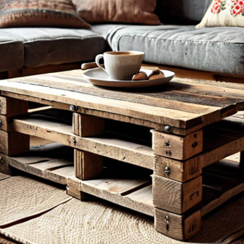 Home 15 **Rustic coffee table made from reclaimed wood pallets, set in a cozy dacha interior. Focus on the textures of the aged wood and the warm, inviting atmosphere.**