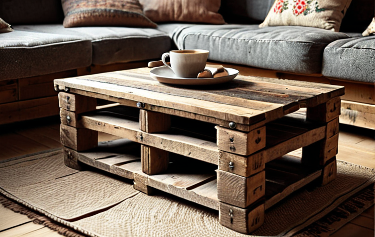 **Rustic coffee table made from reclaimed wood pallets, set in a cozy dacha interior. Focus on the textures of the aged wood and the warm, inviting atmosphere.**
