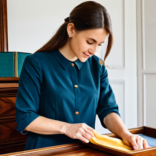 Home 7 A professional woman in a modest business casual dress, gently polishing a beautifully maintained antique wooden dresser with a soft microfiber cloth and beeswax-based wood polish. The scene is set in a well-lit, elegant living room with natural light, highlighting the deep, rich wood grain and natural sheen of the furniture. The woman's hands are well-formed with proper finger count, engaged in a natural pose. fully clothed, appropriate attire, modest clothing, safe for work, appropriate content, professional photography, high quality, perfect anatomy, correct proportions, natural body proportions, family-friendly.