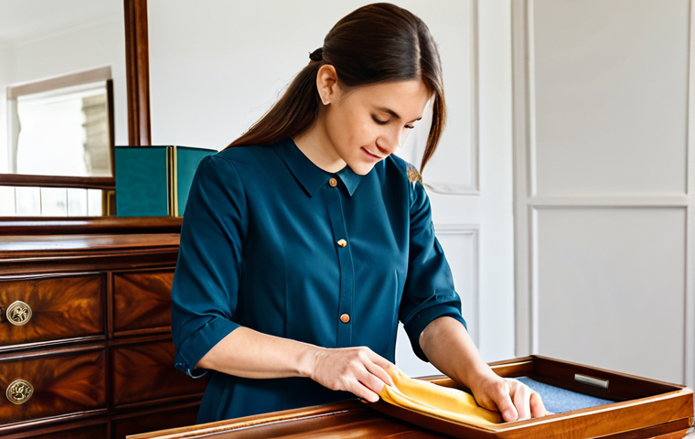 A professional woman in a modest business casual dress, gently polishing a beautifully maintained antique wooden dresser with a soft microfiber cloth and beeswax-based wood polish. The scene is set in a well-lit, elegant living room with natural light, highlighting the deep, rich wood grain and natural sheen of the furniture. The woman's hands are well-formed with proper finger count, engaged in a natural pose. fully clothed, appropriate attire, modest clothing, safe for work, appropriate content, professional photography, high quality, perfect anatomy, correct proportions, natural body proportions, family-friendly.
