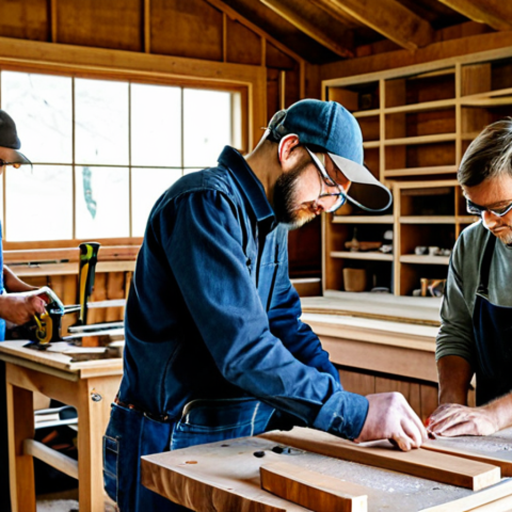 A diverse group of professional woodworkers, including an experienced mentor and a younger enthusiast, collaborating in a rustic, well-equipped woodworking workshop. All individuals are fully clothed in modest, professional workshop attire, such as durable work shirts, trousers, and safety glasses. The mentor is patiently demonstrating a traditional joinery technique on a wooden piece, while the younger woodworker observes intently. Various hand tools, workbenches, and wooden project pieces are neatly arranged. The scene is filled with warm, natural light, conveying a collaborative and inspiring atmosphere. safe for work, appropriate content, fully clothed, professional, perfect anatomy, correct proportions, natural pose, well-formed hands, proper finger count, natural body proportions.