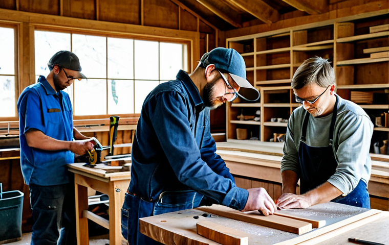 A diverse group of professional woodworkers, including an experienced mentor and a younger enthusiast, collaborating in a rustic, well-equipped woodworking workshop. All individuals are fully clothed in modest, professional workshop attire, such as durable work shirts, trousers, and safety glasses. The mentor is patiently demonstrating a traditional joinery technique on a wooden piece, while the younger woodworker observes intently. Various hand tools, workbenches, and wooden project pieces are neatly arranged. The scene is filled with warm, natural light, conveying a collaborative and inspiring atmosphere. safe for work, appropriate content, fully clothed, professional, perfect anatomy, correct proportions, natural pose, well-formed hands, proper finger count, natural body proportions.
