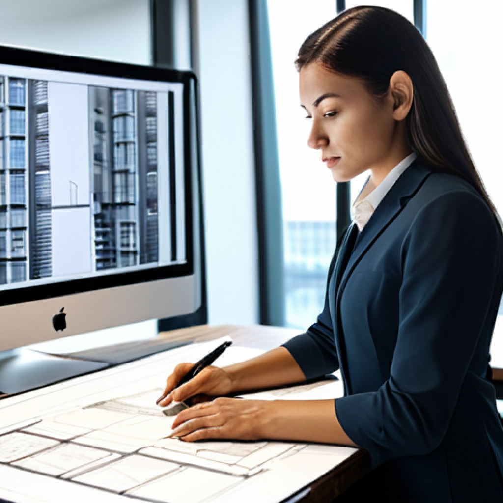 **

A professional female architect in a fully clothed, modest business attire stands confidently in a modern, sunlit architectural office. She's reviewing blueprints with a focused expression. The background includes sleek computer monitors and architectural models. Perfect anatomy, correct proportions, natural pose, well-formed hands, proper finger count, natural body proportions, safe for work, appropriate content, fully clothed, professional.

**