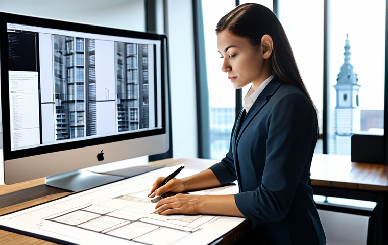 **

A professional female architect in a fully clothed, modest business attire stands confidently in a modern, sunlit architectural office. She's reviewing blueprints with a focused expression. The background includes sleek computer monitors and architectural models. Perfect anatomy, correct proportions, natural pose, well-formed hands, proper finger count, natural body proportions, safe for work, appropriate content, fully clothed, professional.

**