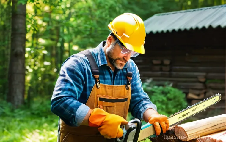 목재 절단 시 안전수칙 - **Prompt:** A Caucasian man in his late 40s, wearing appropriate safety gear including a hard hat wi...