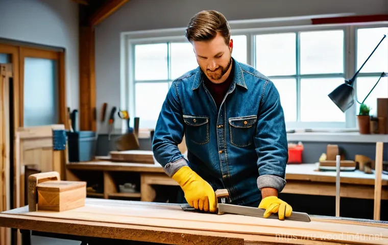 목재 절단 시 안전수칙 - **Prompt:** A Caucasian man in his late 40s, wearing appropriate safety gear including a hard hat wi...