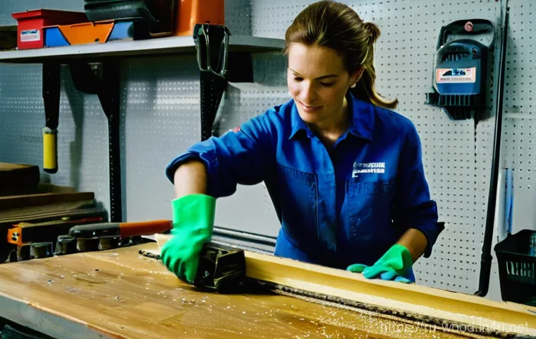 목재 절단 시 안전수칙 - **Prompt:** A skilled, clean-shaven man in his early 30s, dressed in a durable denim work shirt, stu...