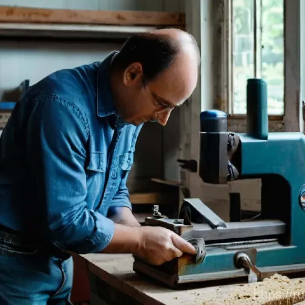 중고 목공 공구 거래 팁 - **Prompt:** A focused, medium shot of an adult individual (gender neutral, dressed in practical work...