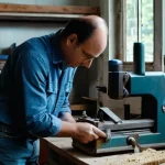 중고 목공 공구 거래 팁 - **Prompt:** A focused, medium shot of an adult individual (gender neutral, dressed in practical work...