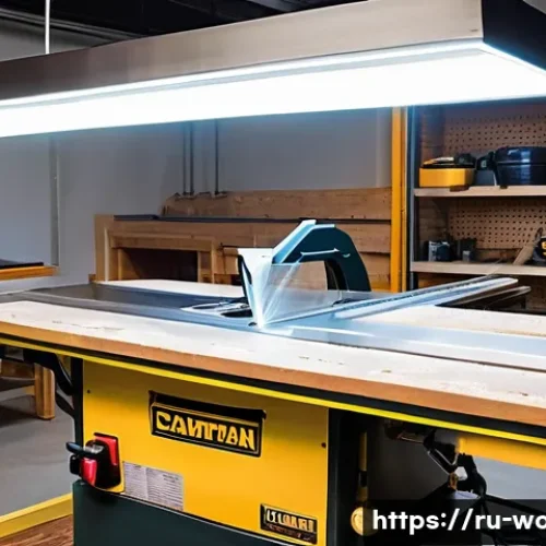 테이블쏘 안전 사용법 - A well-organized woodworking workshop with a clean, spacious workbench featuring a modern table saw....