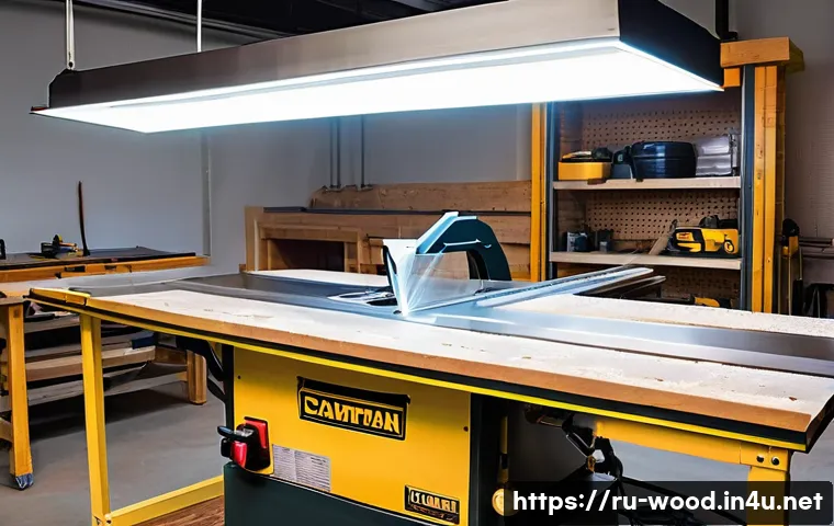 테이블쏘 안전 사용법 - A well-organized woodworking workshop with a clean, spacious workbench featuring a modern table saw....