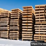 목재 가격 및 구매처 정보 - A detailed scene of a Russian lumberyard in early spring with stacks of pine and spruce wood neatly ...