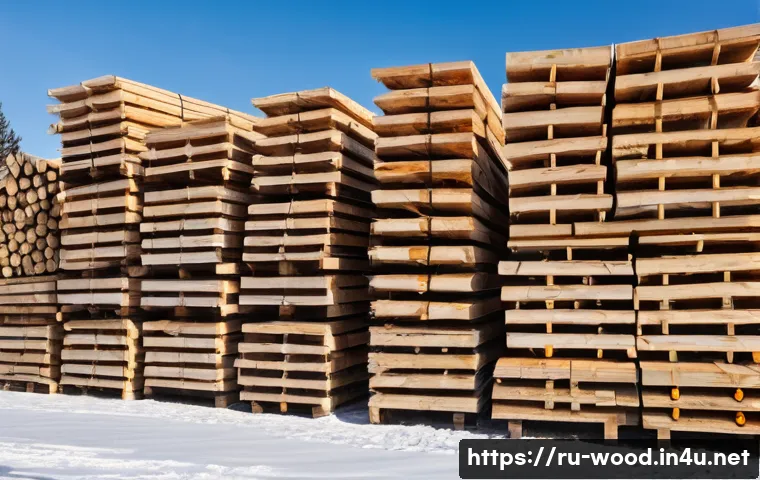 목재 가격 및 구매처 정보 - A detailed scene of a Russian lumberyard in early spring with stacks of pine and spruce wood neatly ...