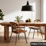 Home 21 목공예 디자인 아이디어 - A rustic wooden interior scene featuring a handcrafted live-edge oak dining table with warm brown to...