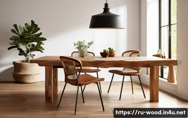목공예 디자인 아이디어 - A rustic wooden interior scene featuring a handcrafted live-edge oak dining table with warm brown to...