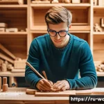 Home 20 목공예 관련 정부 지원사업 - A young Russian craftsman in a cozy, well-lit woodworking studio, wearing casual clothes and safety ...