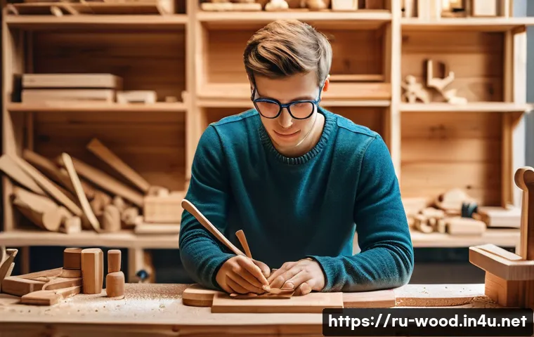 목공예 관련 정부 지원사업 - A young Russian craftsman in a cozy, well-lit woodworking studio, wearing casual clothes and safety ...