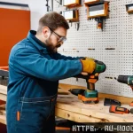 Home 19 전동공구 사용법 및 주의사항 - A detailed workshop scene showing a Russian craftsman selecting the appropriate electric tool for fu...