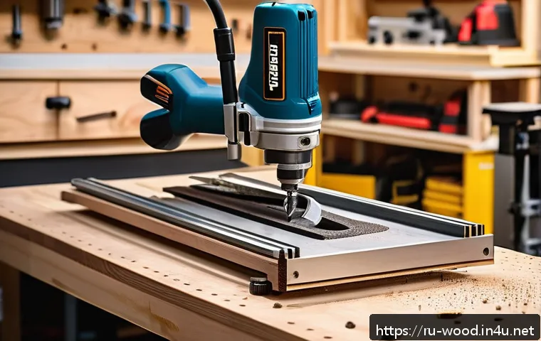 루터 사용법 및 활용법 - A high-resolution close-up image of a modern woodworking router tool set on a clean, well-lit worksh...