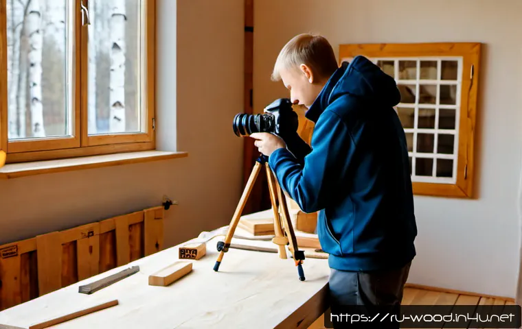 Home 13 목공예 블로그 수익화 방법 - Photorealistic Russian woodworker in a bright, tidy home workshop, carefully photographing handcraft...