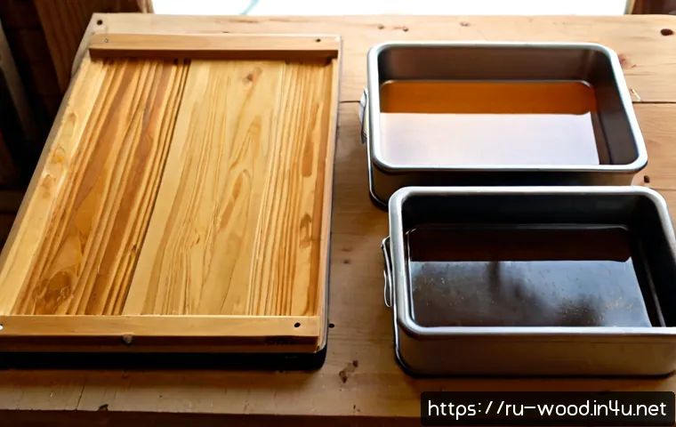 목재 트리트먼트 종류 - Photorealistic comparison scene of four untreated pine wood sample boards arranged neatly on a rusti...